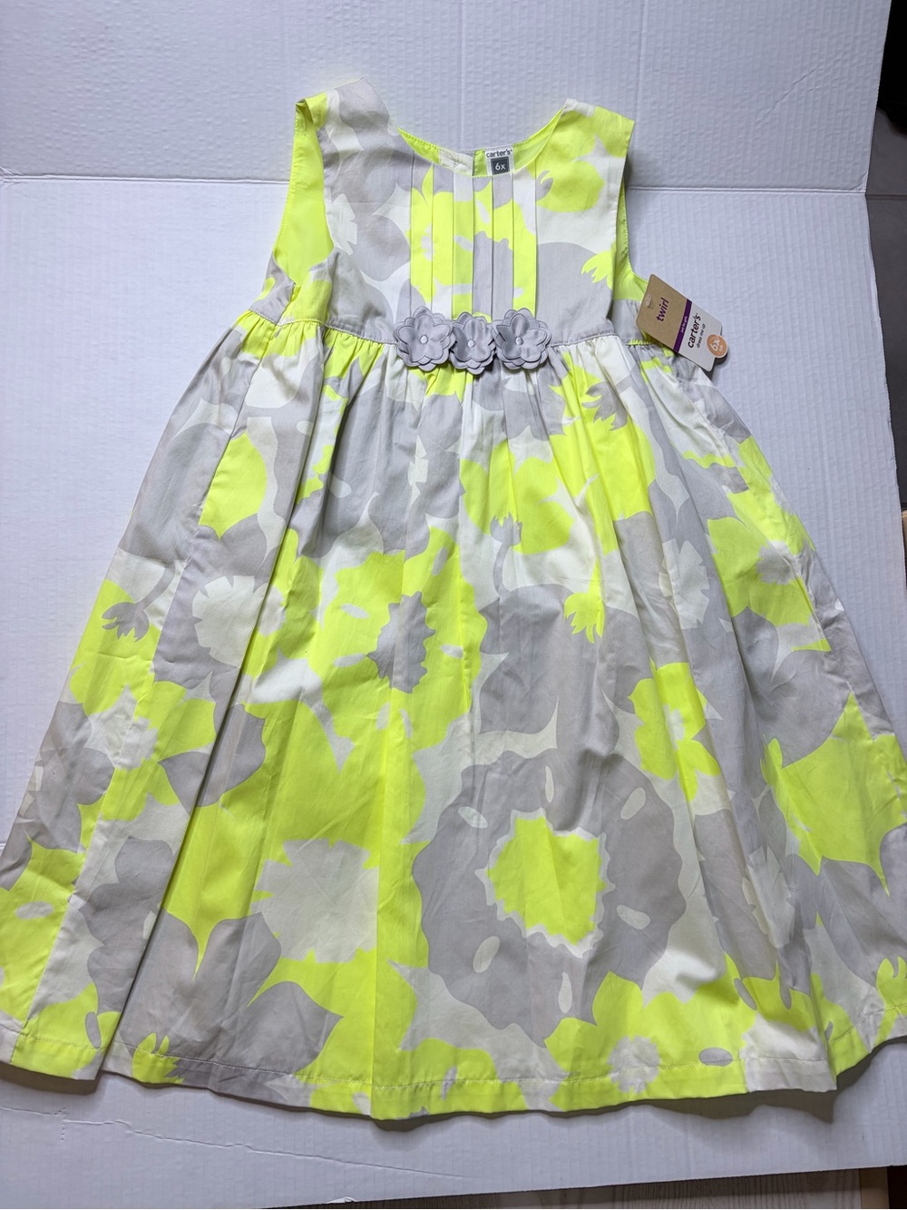 Carter's Sleeveless Floral Dress - Neon Yellow & Gray